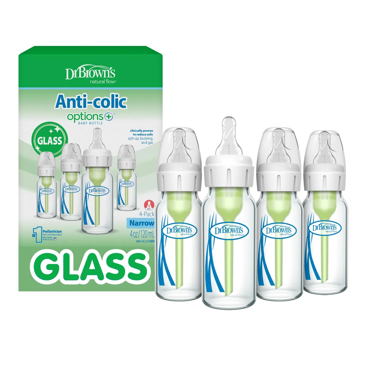 Dr. Brown's Anti-Colic Options+ schmale Glas-Babyflasche mit langsamem Trinksauger Stufe 1, BPA-frei, 120 ml, 4 Stück