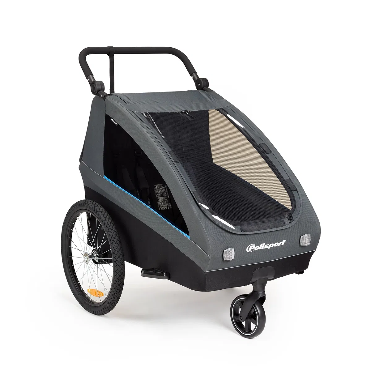 Polisport Kinderfahrradanhänger 2-in-1 mit Kinderwagen, Schwarz/Grau