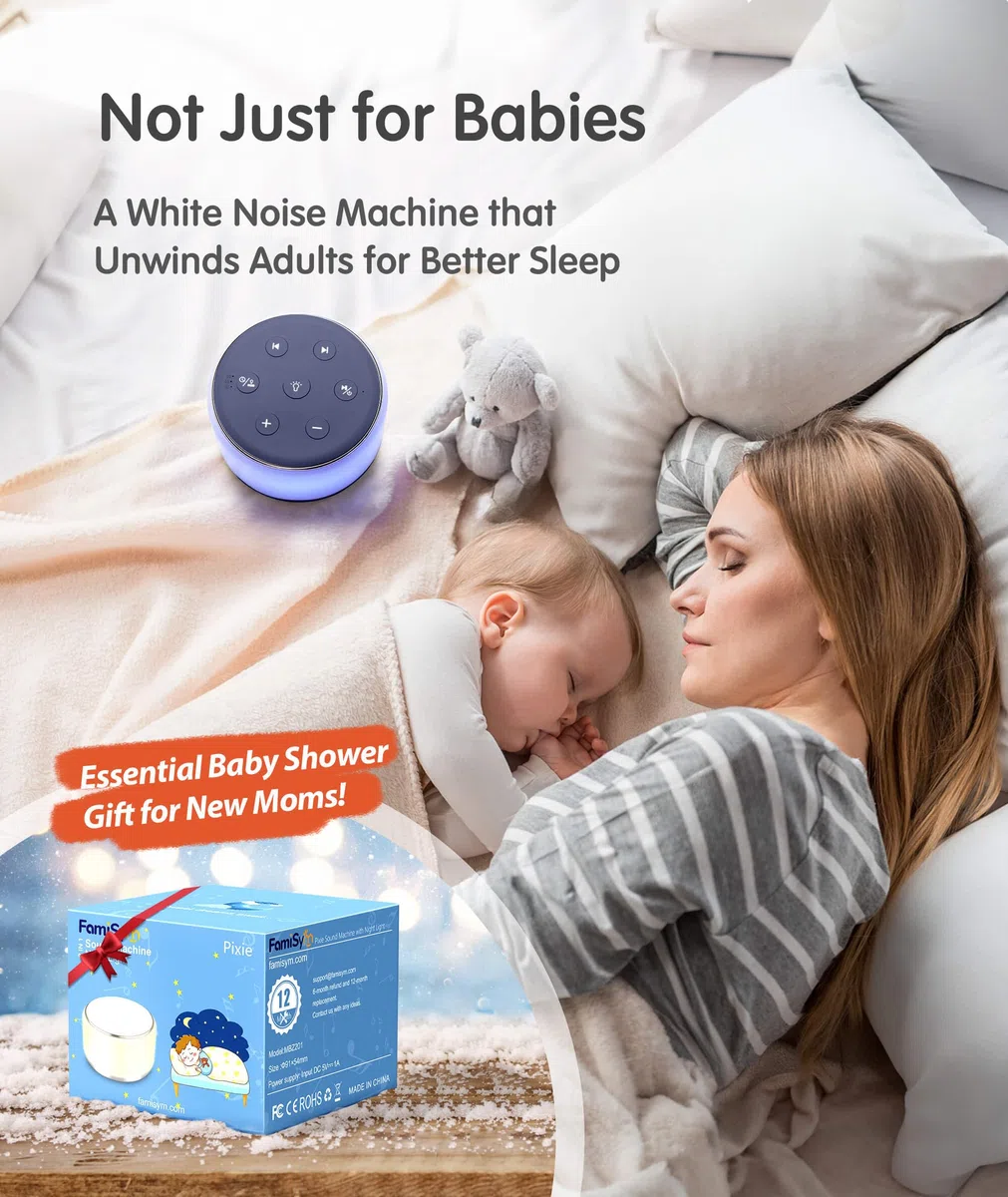FamiSym Schlaf-Sound-Maschine für Babys, Kinder, Erwachsene, wiederaufladbar, weißes Rauschgerät zum Schlafen mit Nachtlicht, 34 beruhigende Geräusche, Kinderzimmer-Dekoration, Baby-Wiegenliedmaschine