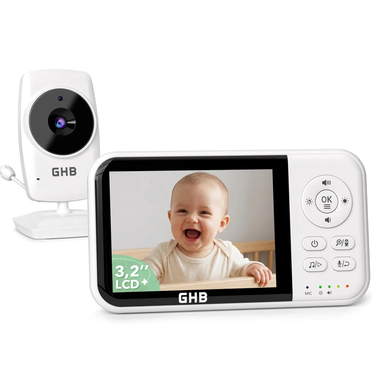 GHB Babyphone mit Kamera 3,2 Zoll LCD 2100 mAh Akku ECO Modus 60 Stunden 2X Zoom Gegensprechen Temperatursensor Nachtsicht