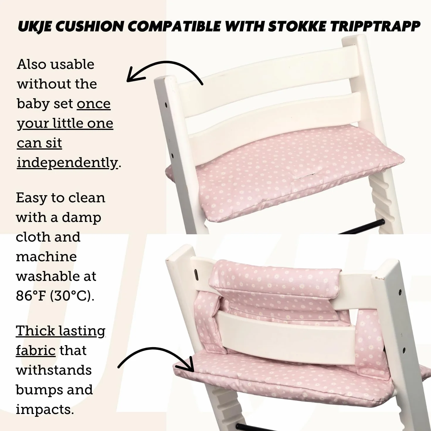 Ukje | Sitzkissen kompatibel mit Stokke Tripp Trapp Hochstuhl | Abwaschbar | Viele Farben & Muster | Kissen Polster Sitzauflage | Extra dick gefüttert | Sitzverkleinerer | Rosa Daisy