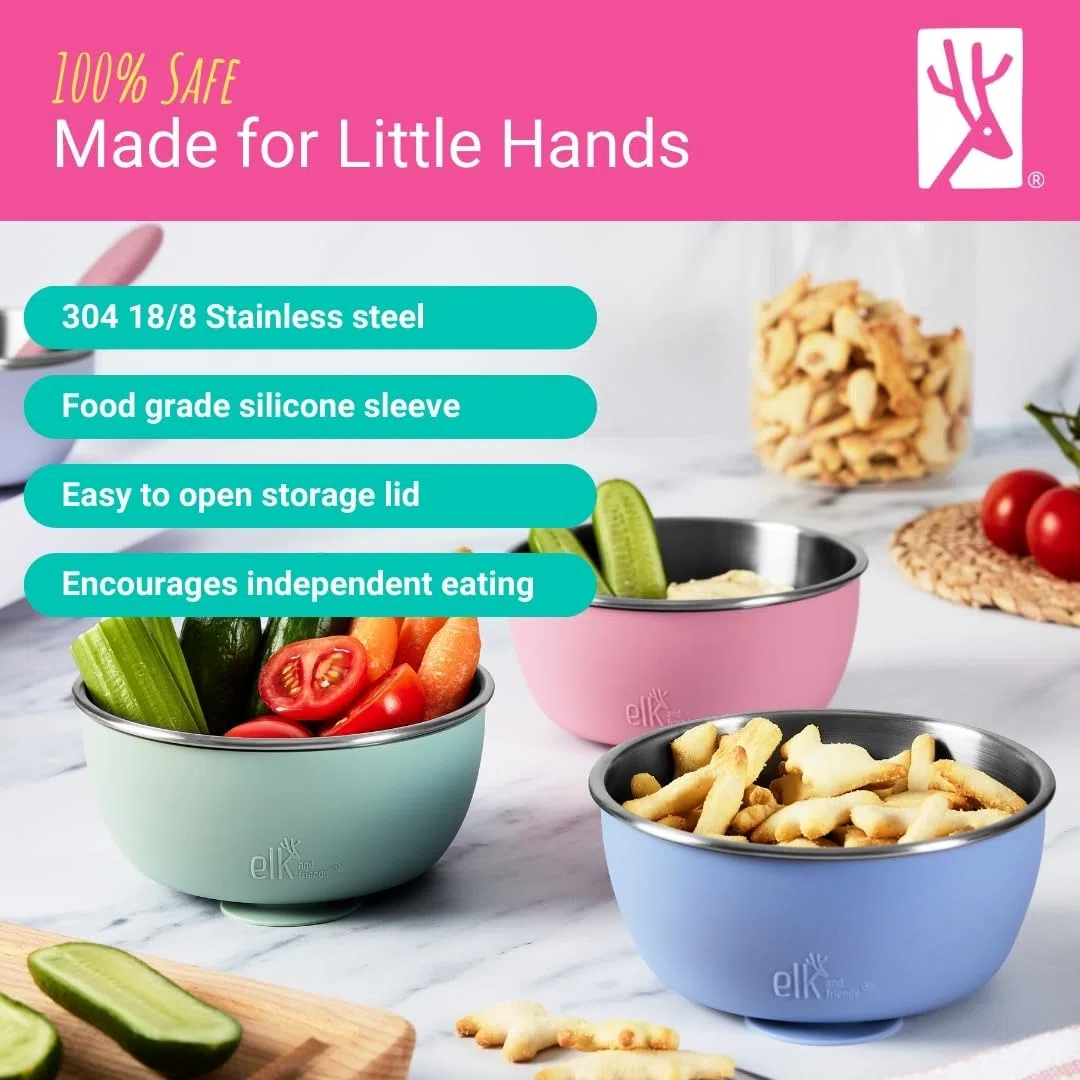 Elk and Friends Edelstahlschüsseln mit Silikonhülle für Babys und Kleinkinder, Deckel inklusive, Saugnapf zum Festhalten, Müsli- und Snackschalen, 4er-Pack