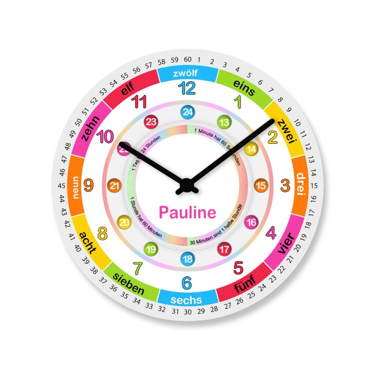 Kinder Wanduhr bunt Lernuhr mit Namen Mädchen Schulanfang Geschenk personalisiert