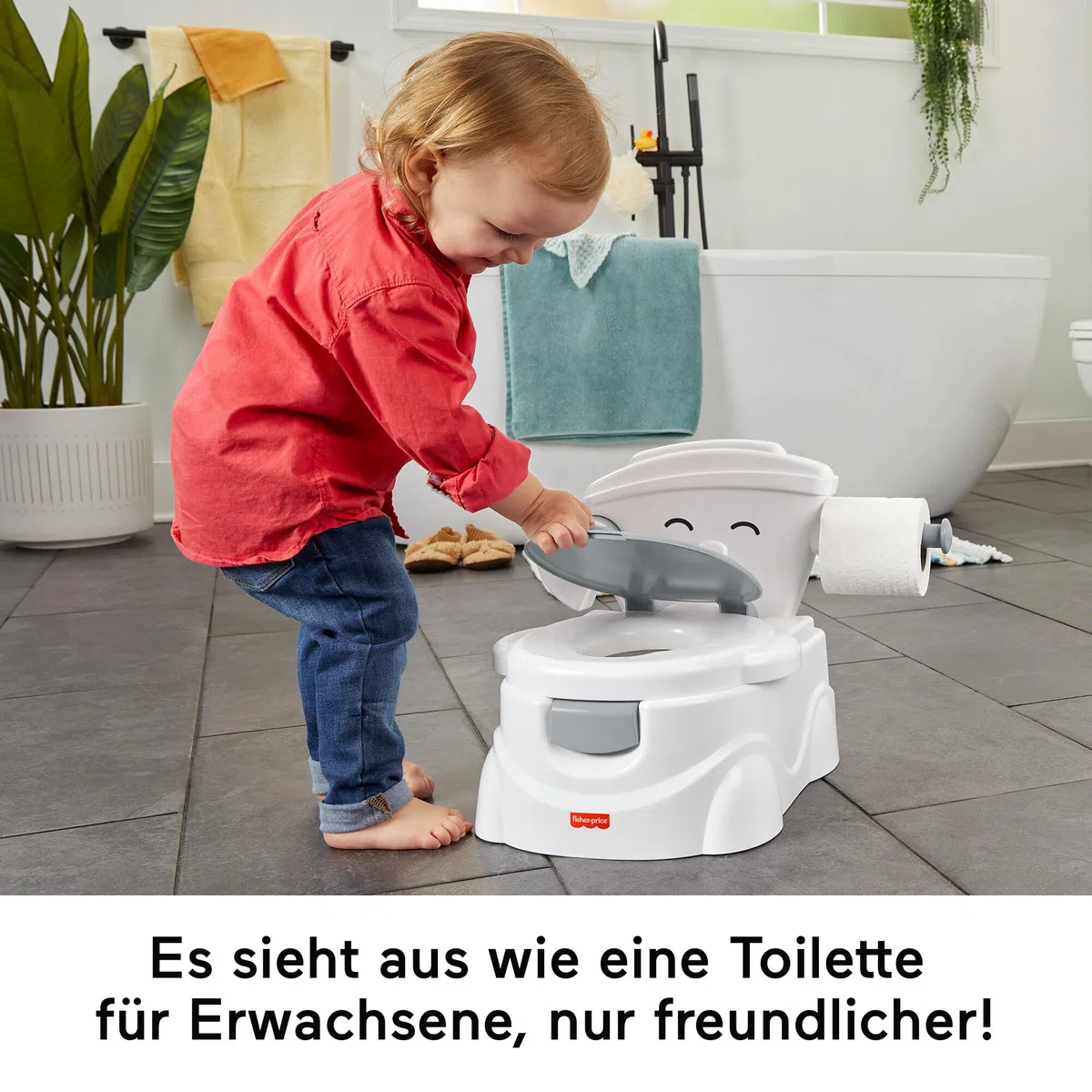 Fisher-Price Meine erste Toilette, Töpfchen für Babys, deutsche Version, interaktives Toiletten Training, mit Musik und Geräuschen, Baby Topf, ab 1 Jahr HJC38