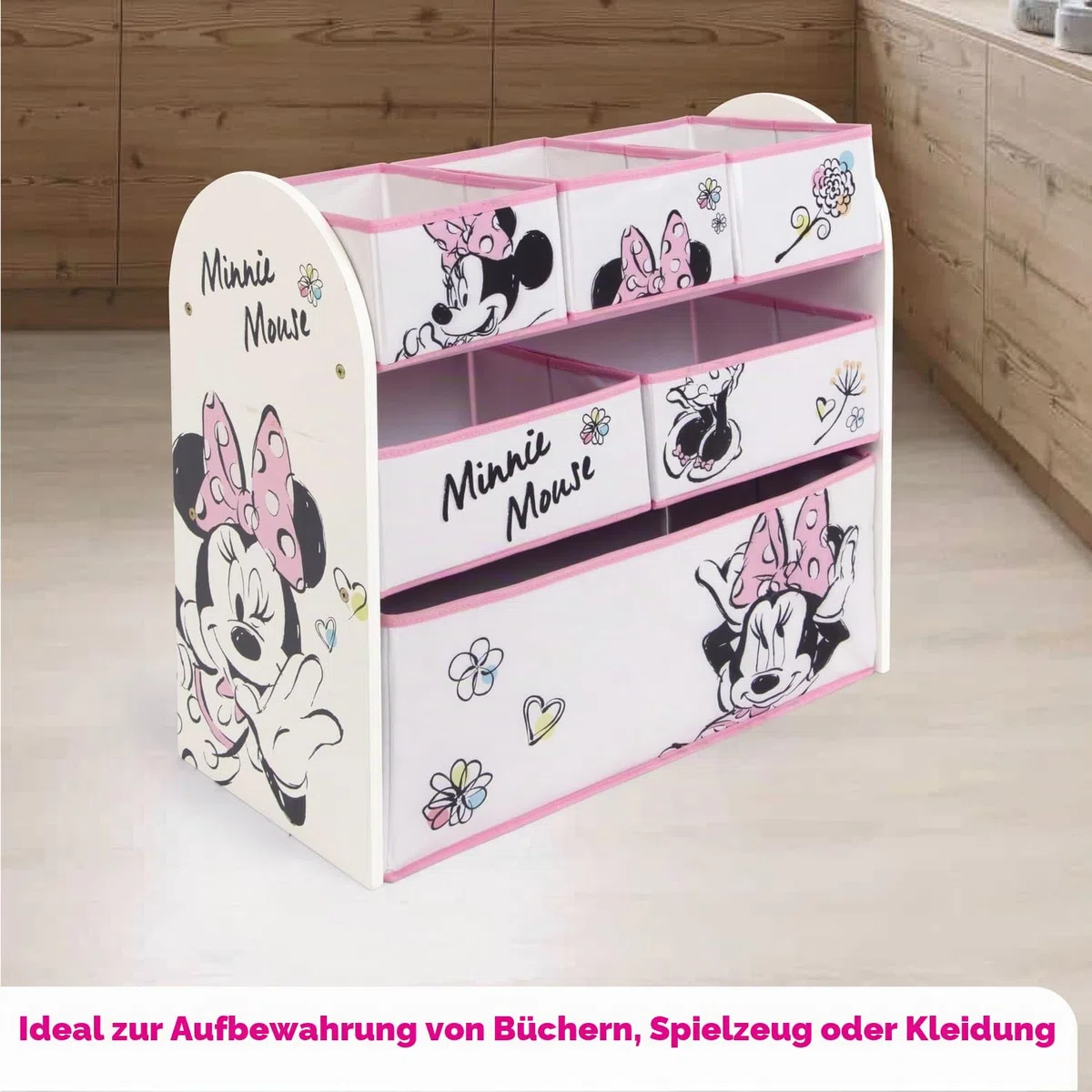 ARDITEX – Organizer aus Holz mit 6 Textilboxen mit Minnie-Mouse-Motiv von Disney – 62x30x60 cm – Farbe Schwarz-Weiß – Perfekt zum Aufbewahren von Spielzeug im Kinderzimmer
