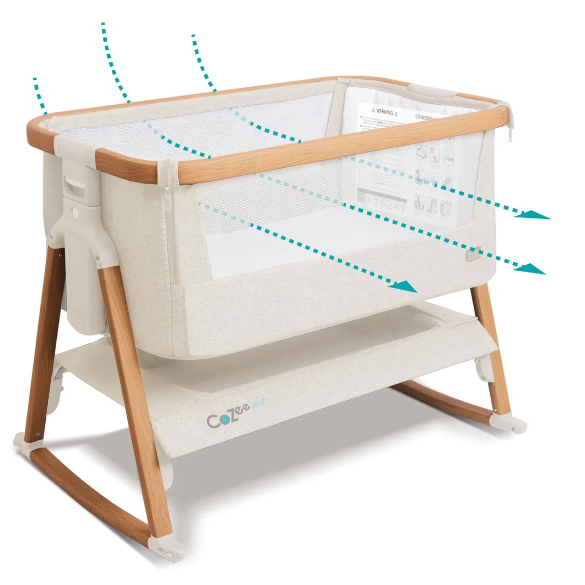 Tutti Bambini CoZee Air Beistellbett Baby Reisebett mit Matratze Kompakt faltbar Atmungsaktive Matratze 6-fache Höhenverstellung 0-6 Monate Walnuss Naturweiß