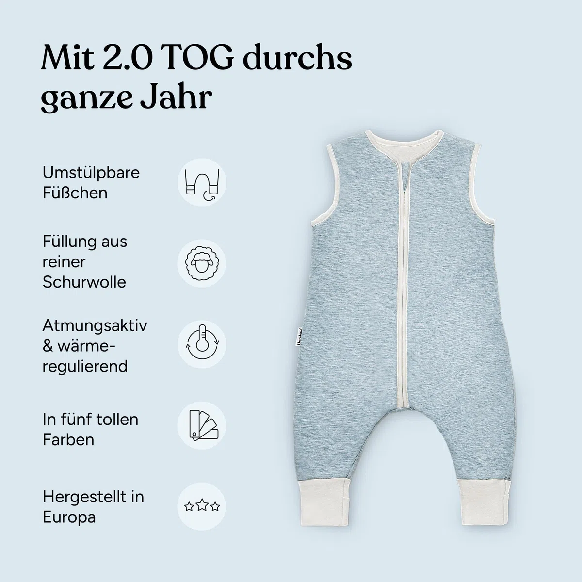Ehrenkind® Ganzjahres-Schlafsack mit Füßen Wollfüllung | 100% Bio-Baumwolle mit 100% Wolle Füllung Baby-Schlafsack | OEKO-TEX | Hellgrau Melange 100
