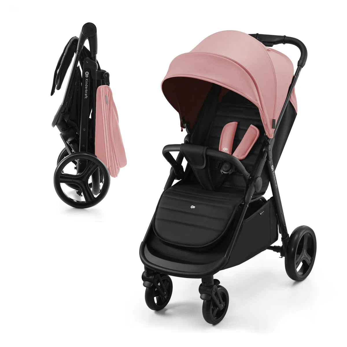 Kinderkraft RINE Buggy bis 22 kg, Kinderwagen, Mit einer Hand zusammenklappbar, wasserfestes Verdeck mit UPF50+ Filter, liegende Position, Getränkehalter im set, Rosa