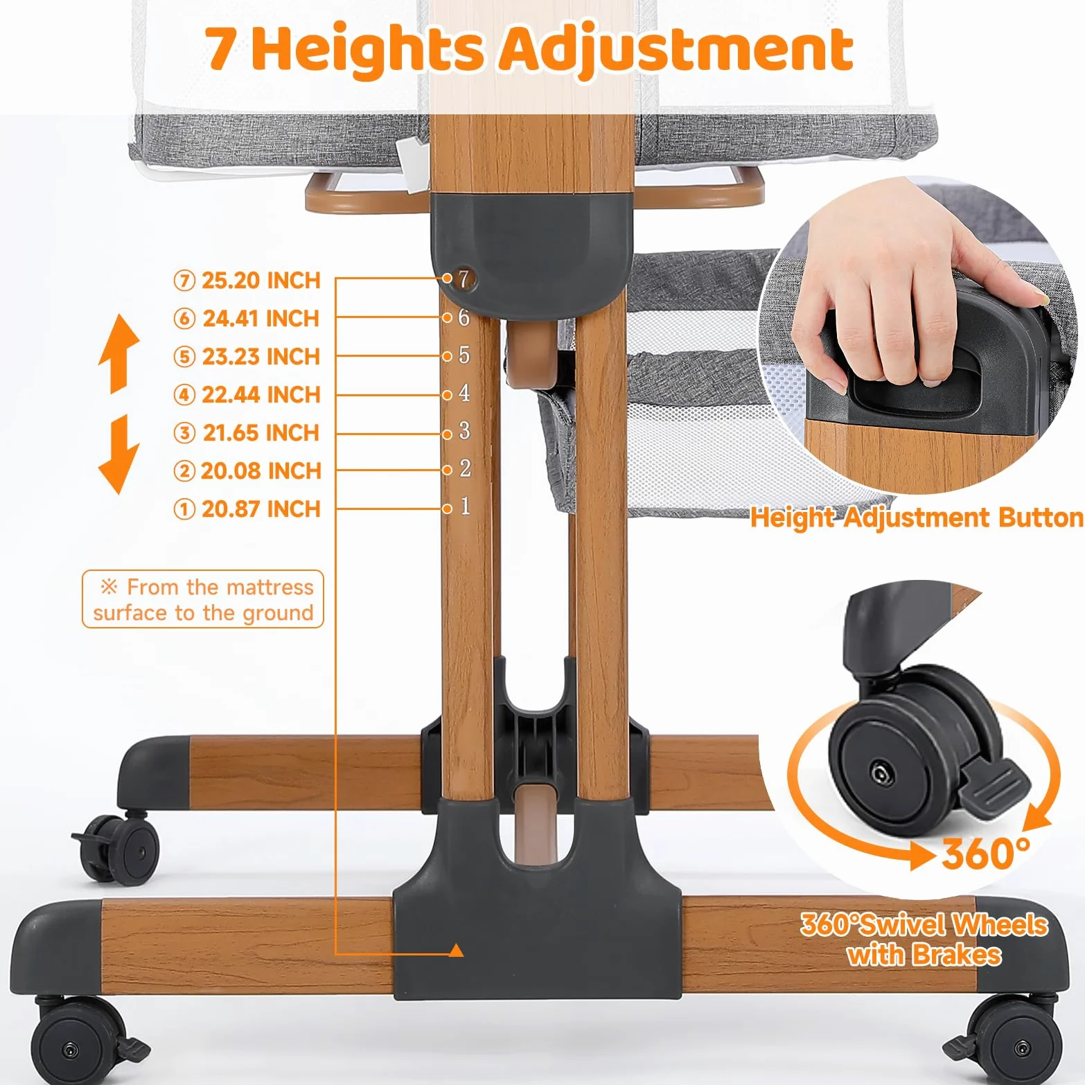 Ezebaby Beistellbett, 3 in 1 Babybett Babywiege für Neugeborene, Schaukelbettchen für Zuhause und Unterwegs mit Rädern Verstellbare 7 Höhen (Holzmaserung)
