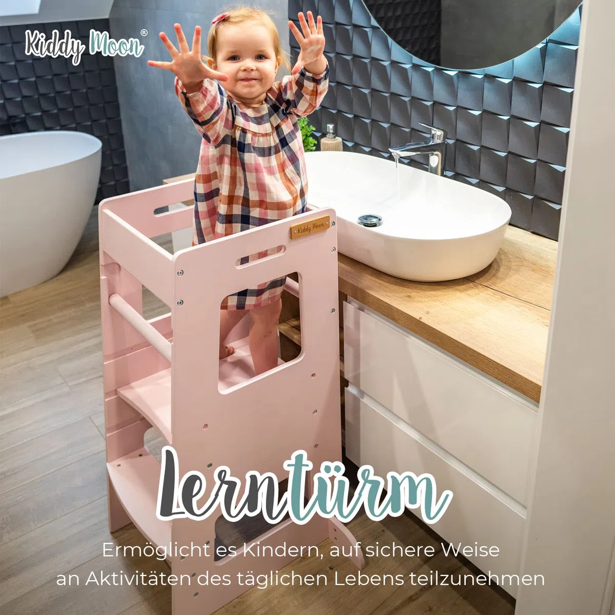KiddyMoon Lernturm Für Kinder Ab 1 Jahr, Anti-Kipp-Schutz, 3-Fach Höhenverstellbar, Schutzbügel, Montessori Küchenhelfer, Weiß
