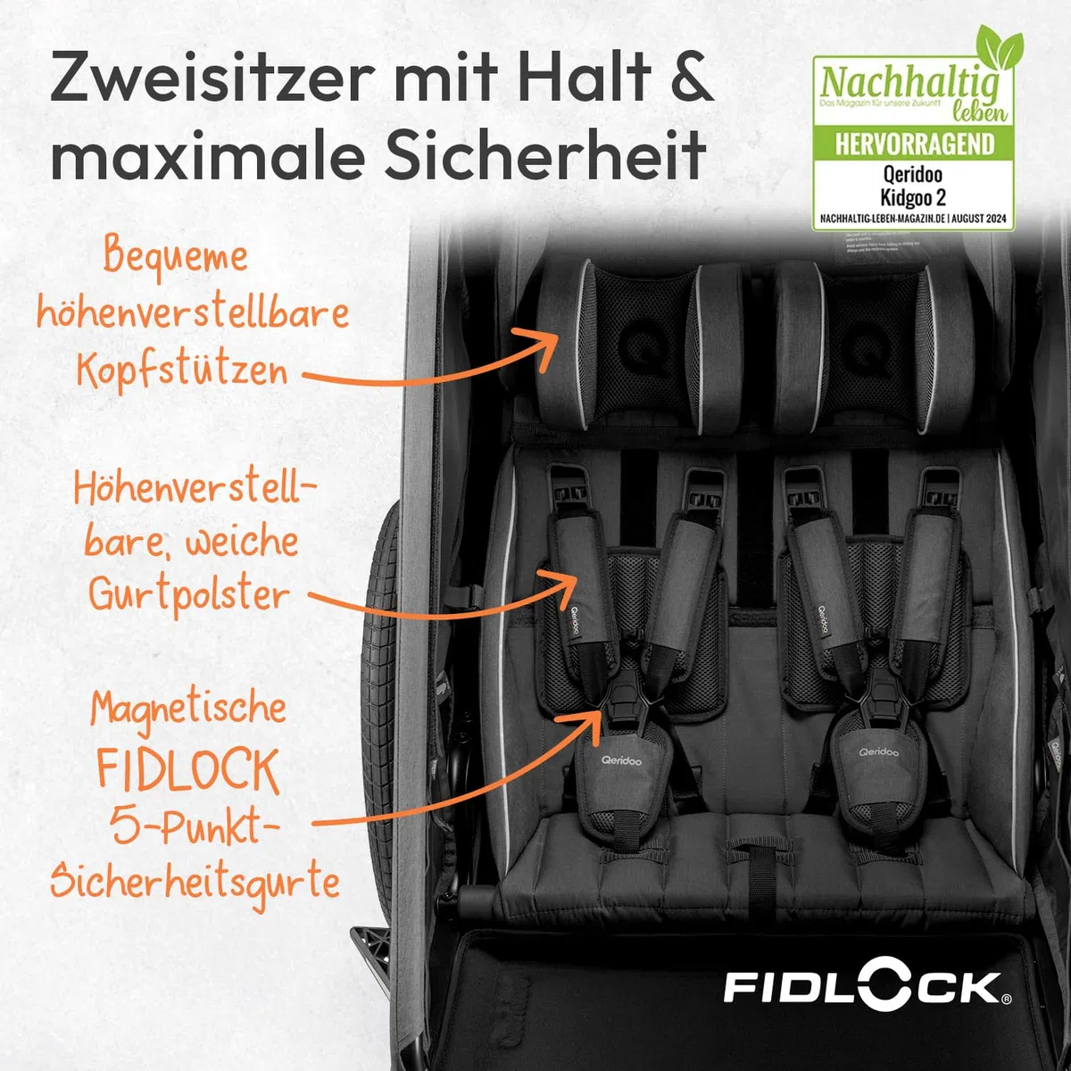 Qeridoo Kidgoo 2 FIDLOCK Edition | Kinderfahrradanhänger 2 Kinder | Fahrrad Anhänger mit Federung & FIDLOCK Gurtsystem | Jogger Kinderwagen | Fahrradanhänger klappbar | Kinderbuggy 45L | Bike Trailer