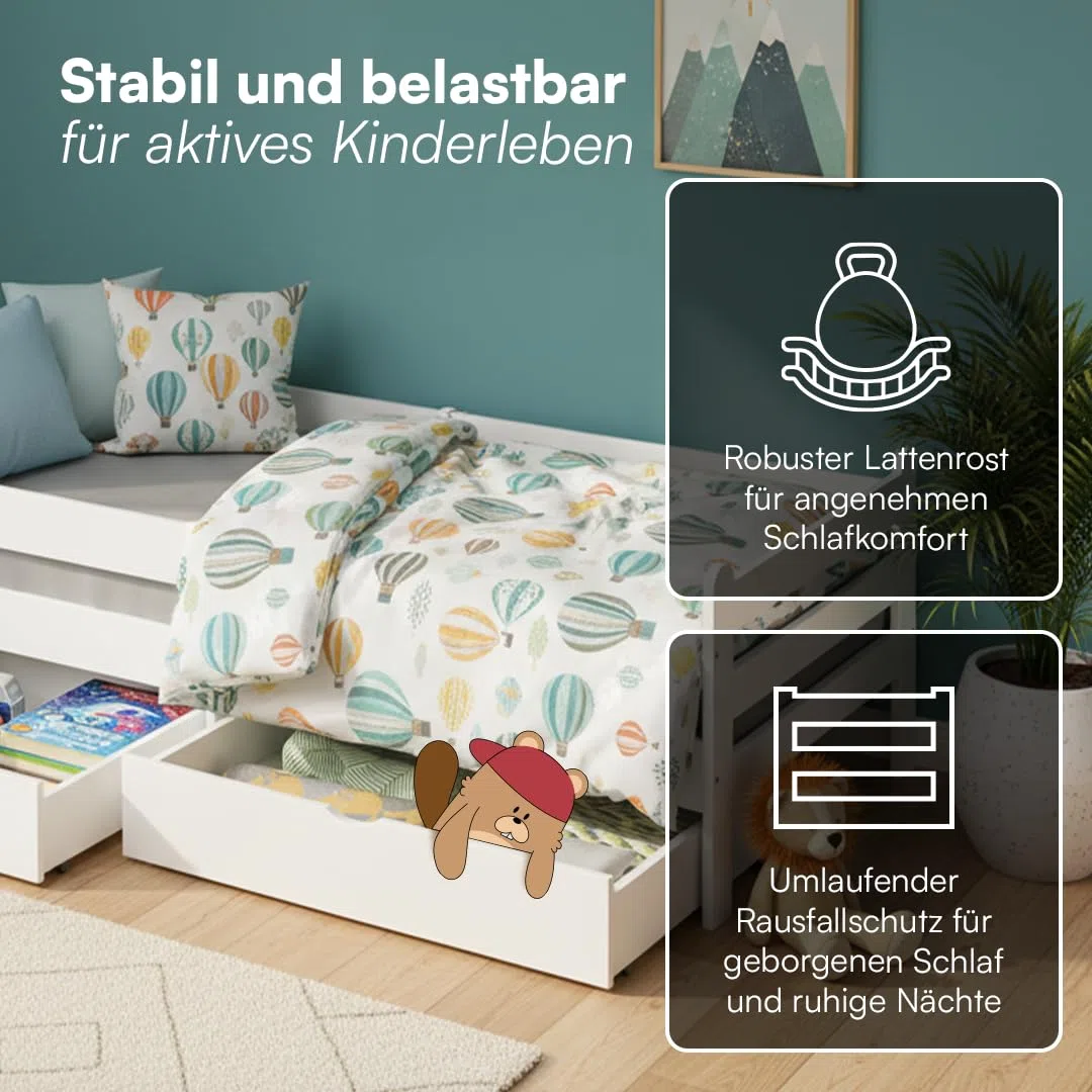 Bellabino Kuru Kinderbett 90x200 cm – Jugendbett mit 2 Schubladen - Kinder Bett mit Rausfallschutz & Lattenrost – Einzelbett für Jungen und Mädchen für Kinderzimmer – Kids Bed mit Stauraum in Weiß