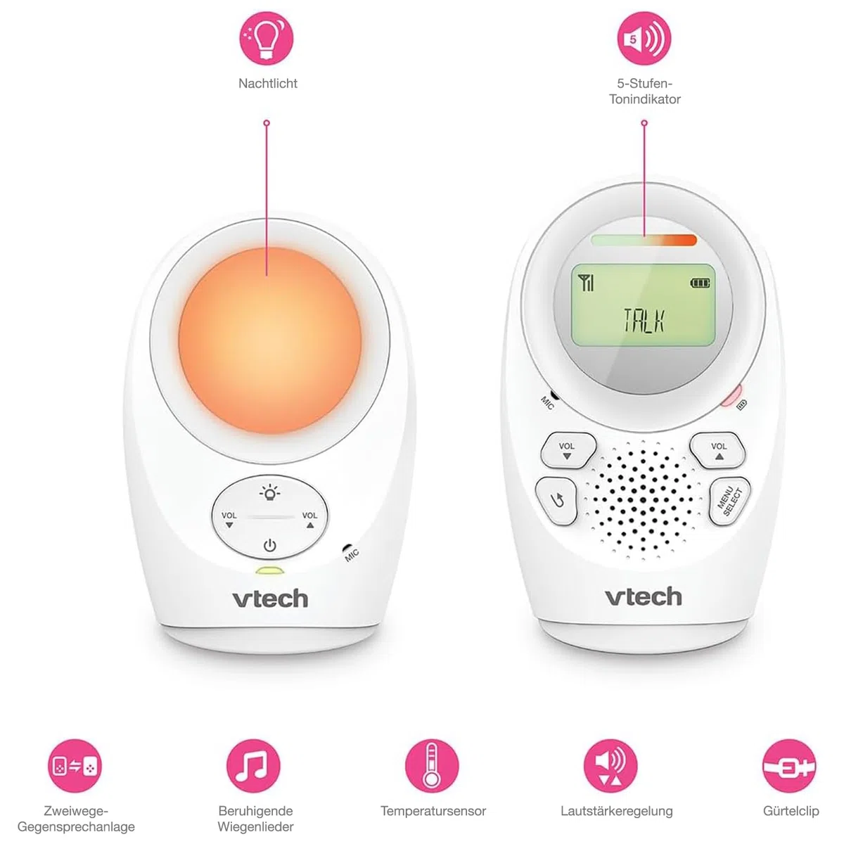 Vtech Digitales Audio-Babyphon DM1211 – Mit DECT-Technologie, Gegensprechfunktion, LCD-Lautstärkeanzeige, Temperatursensor, Nachtlicht u. v. m. – Mit Eltern- und Babyeinheit