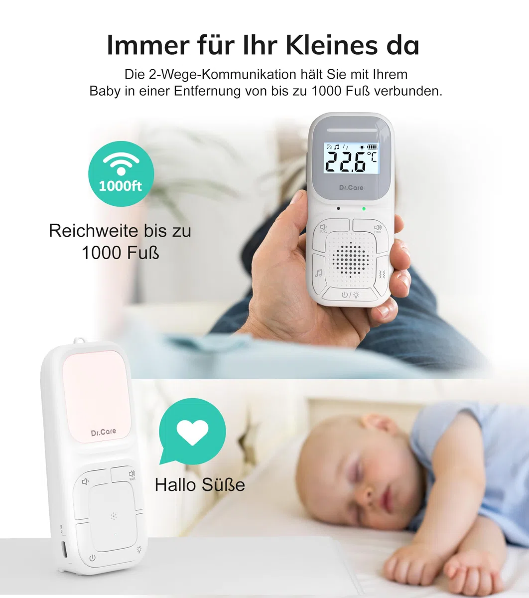 Dr.Care NeoGo Audio Baby Monitor – Vorgepaart, Gegensprechfunktion, VOX, Nachtlicht, Schlaflieder, Vibrationsalarm, 300 m Reichweite, Akku, Clip & Trageschlaufe, Kein WLAN
