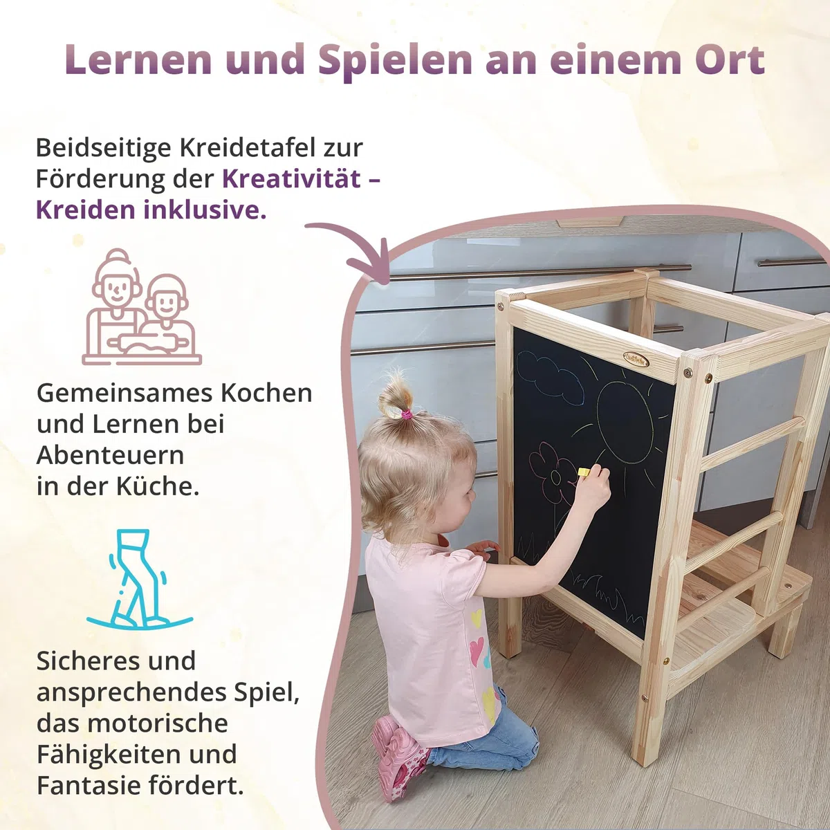 Lernturm Holz, Küchenhelfer für Kinder, Tritthocker Kinder, Trittschemel, Learning Tower, Höhenverstellbar, Massives Kiefernholz, Leicht und Mobil - 45x56x80 cm