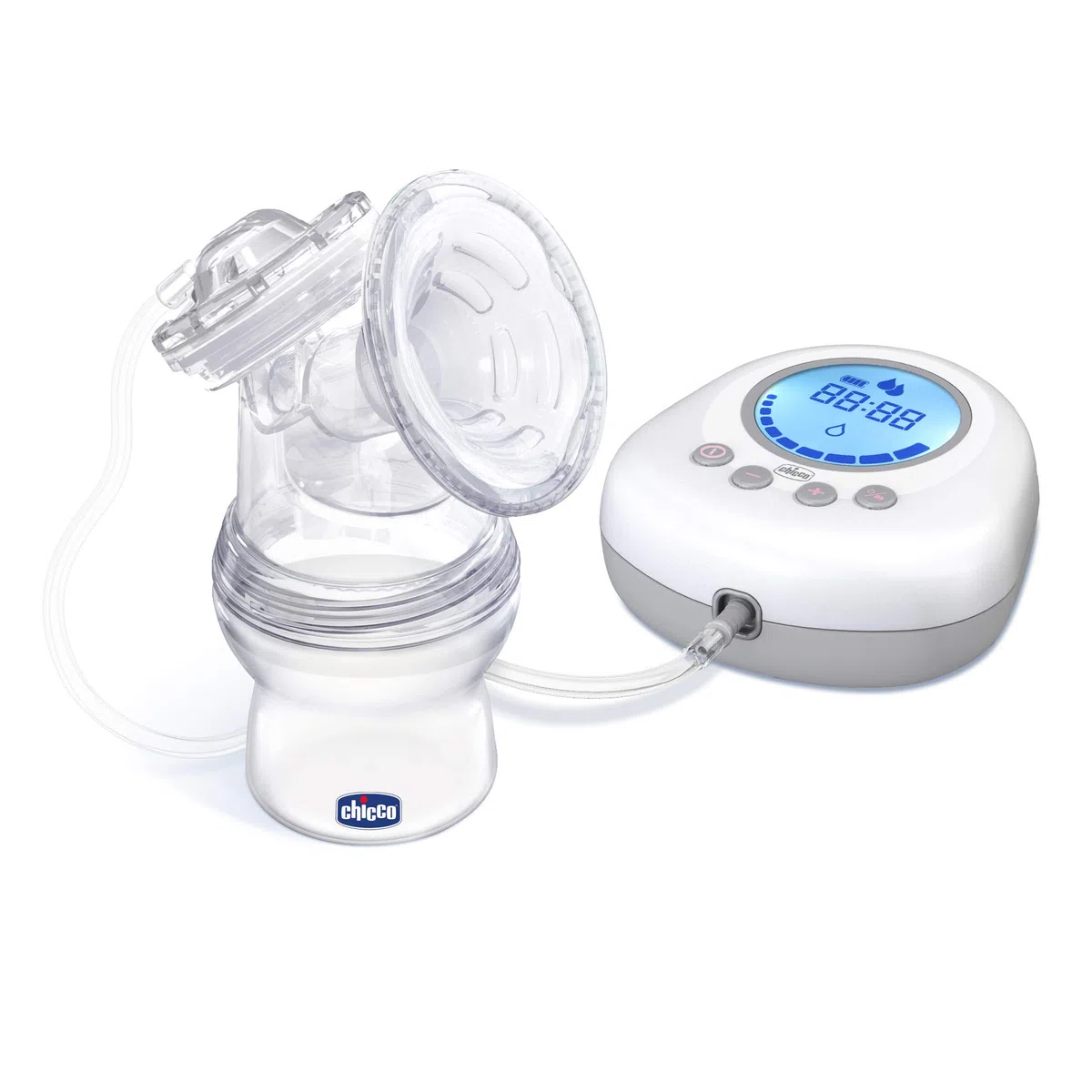 Chicco Naturally Me Elektrische Milchpumpe mit Stimulations- und Zugmodi, 10 Intensitätsstufen, ergonomische Form, mit geneigtem Sauger und luftdichtem Deckel, 150 ml