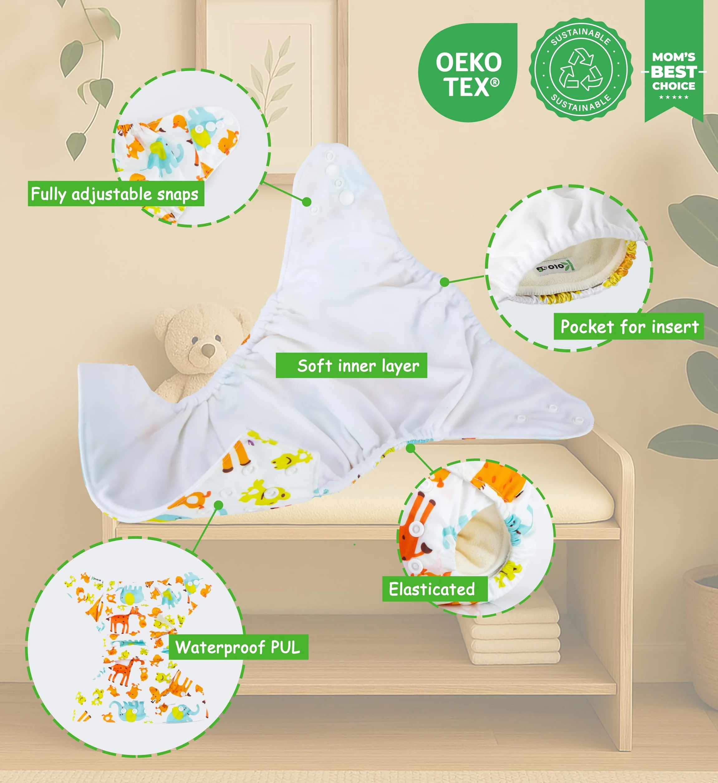 Kolo 6er set wiederverwendbaren Windeln + 6 Waschbare Stoffwindel einlagen bambus + Windeltasche für unterwegs, Unisex verstellbare Stoffwindeln, Mehrwegwindeln babys. Einzig: Oeko-Tex Standard 100