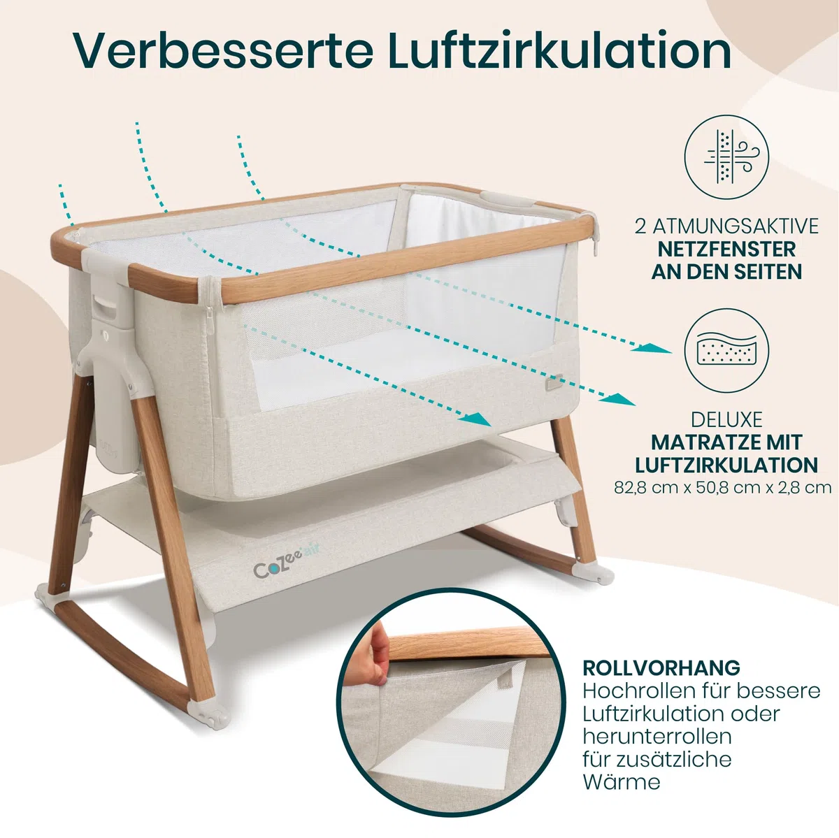 Tutti Bambini CoZee Air Beistellbett Baby Reisebett mit Matratze Kompakt faltbar Atmungsaktive Matratze 6-fache Höhenverstellung 0-6 Monate Walnuss Naturweiß