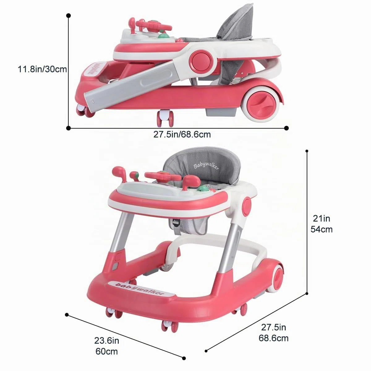 Lauflernhilfe 2-in-1: Schiebewagen für Kleinkinder mit Abnehmbarem Esstablett und Musik-Spielbrett (ohne Batterien),Faltbare Aktivitäts-Lauflernhilfe für Jungen und Mädchen von 6 bis 18 Monaten