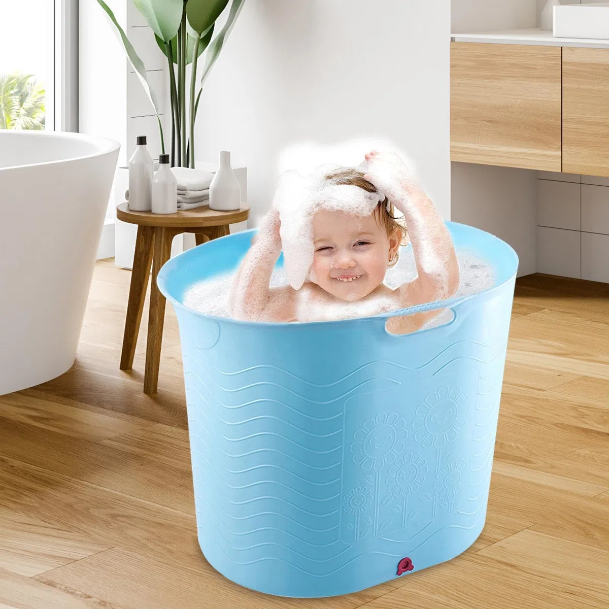 Babybadewanne, Babybadewanne für Kleinkinder, sicher für Kinder, hochtemperaturbeständig, mit Ablaufboden, großer und tiefer Badeeimer für Kinder