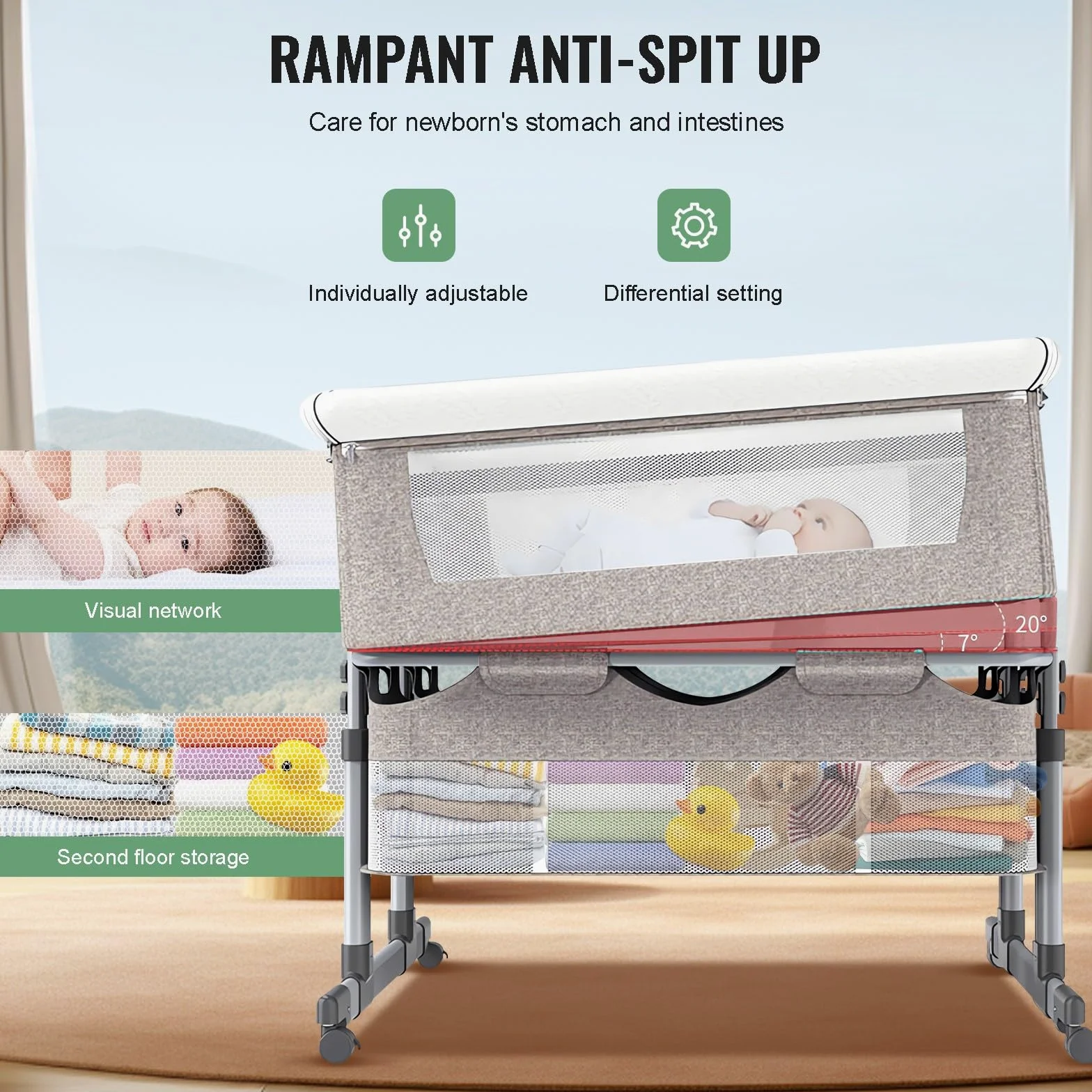 Zwillingsbett Für 2 Babys,Babybett Für Zwillinge,Stubenwagen Für Zwillinge,Zwillingsbett Next to Me,6-Fach Höhenverstellbar,Leicht Zusammenklappbares Schlafbett,Tragbares Babybett