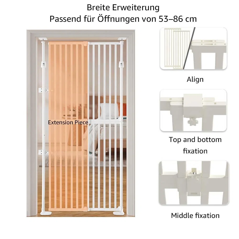 Unipaws Katzenschutzgitter 190 cm extra hoch, automatisch schließend, ohne Bohren, 53–86 cm Breite, Weiß