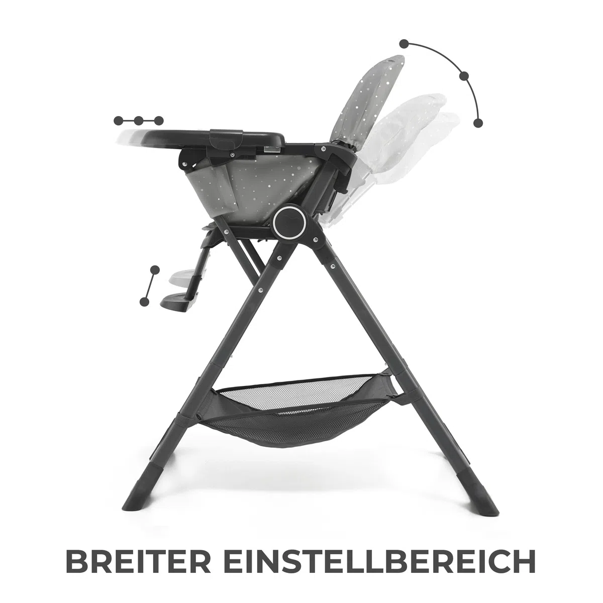 Kinderkraft FOLDEE Hochstuhl Baby, Kinderstuhl ab 6 Monate, Zusammenklappen, Leicht zu tragen mit einer Hand, Verstellbare Rückenlehne und Fußstütze, Tablett und Zubehörkorb im set, Grau