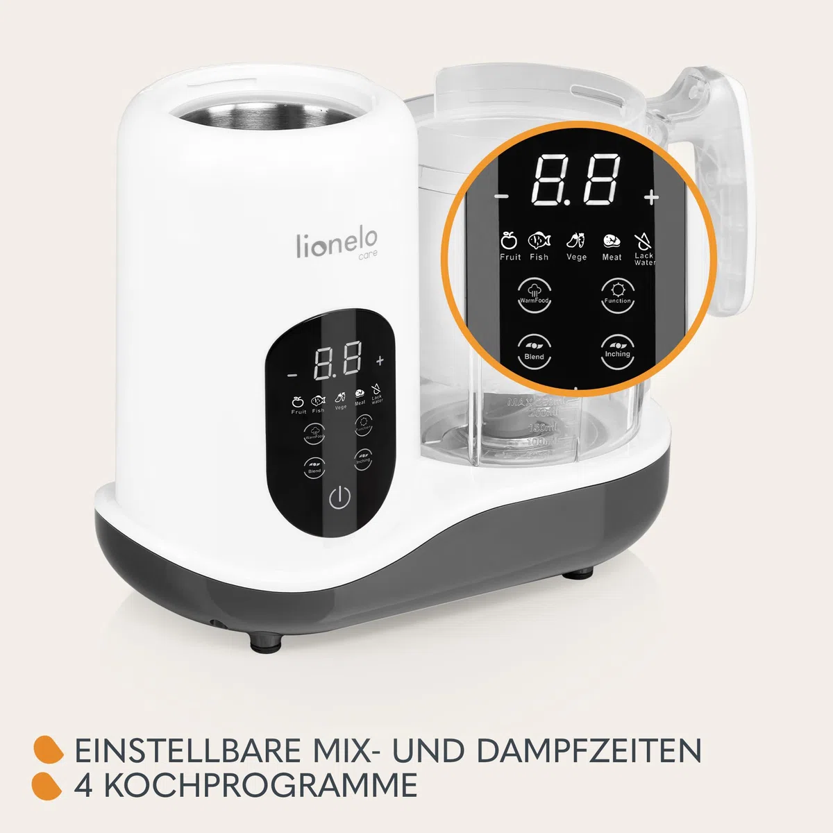 LIONELO BABYMENU Küchenmaschine zur Zubereitung von Babynahrung | 4 Programme Dämpfen, Mixen, Erhitzen, Auftauen, Online-Rezepte, Weiß