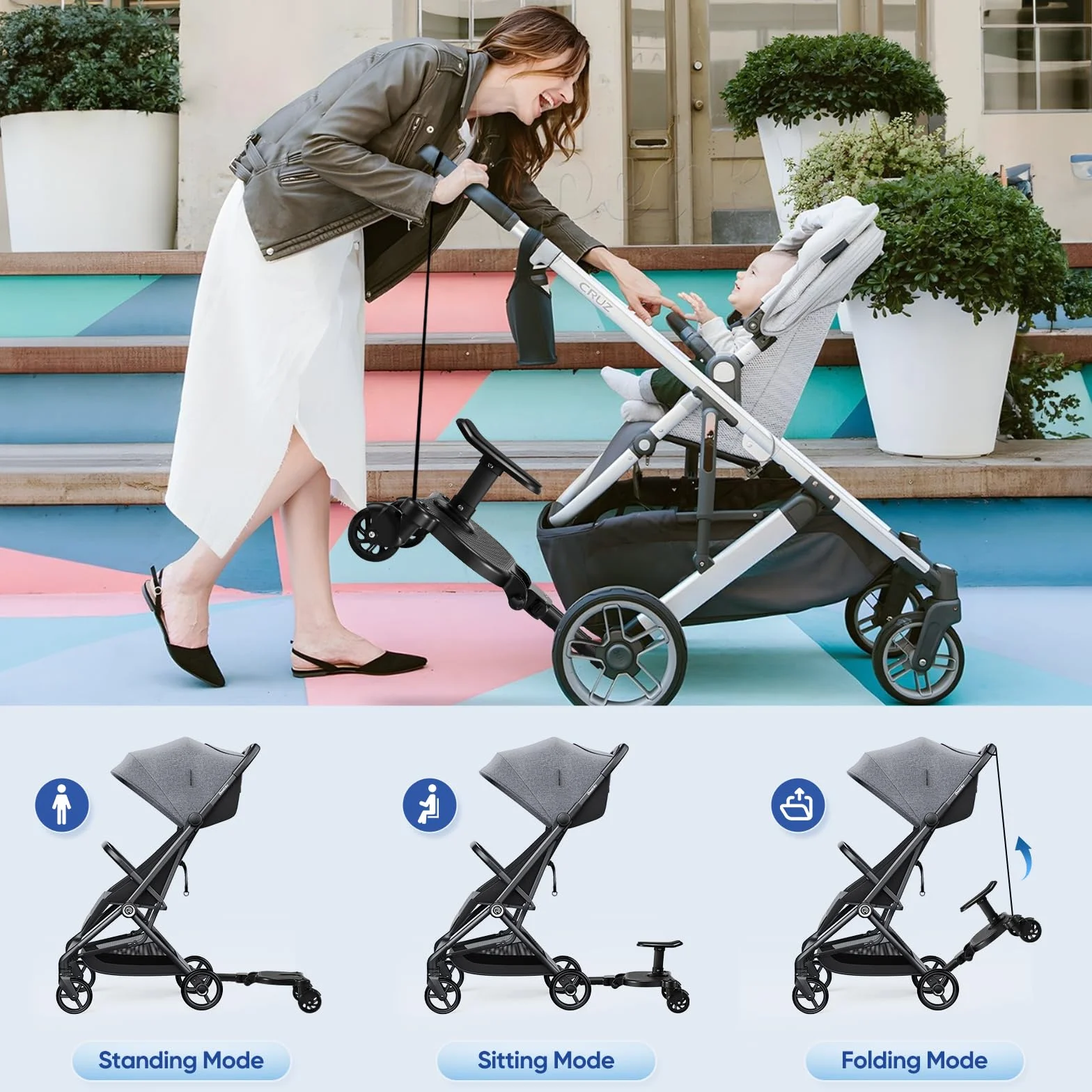 Buggy Board, Trittbrett für Kinderwagen Universal, Buggy Board für Alle Kinderwagen, Kiddy Board mit Sitz, für Kinder von 2 bis 6 Jahren, Maximale Belastung 25 KG (schwarze Räder)