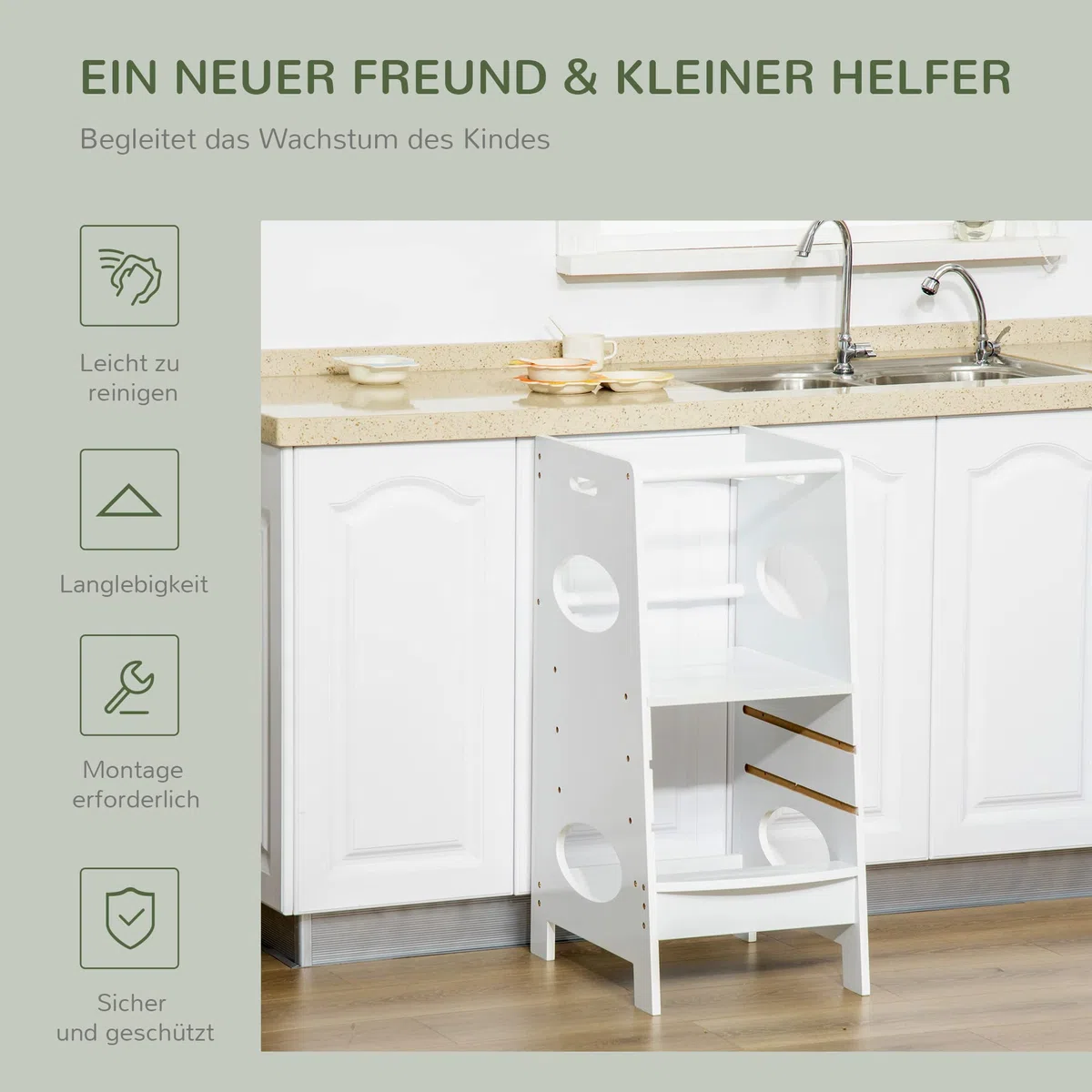 HOMCOM Lernturm für Baby Tritthocker Schemel Stehender mit 3 Stufen Küchenhelfer für 3+ Jahre Kinder Jahre Sicherheit Bad Schlafzimmer Küche Weiß 40 x 50 x 90 cm