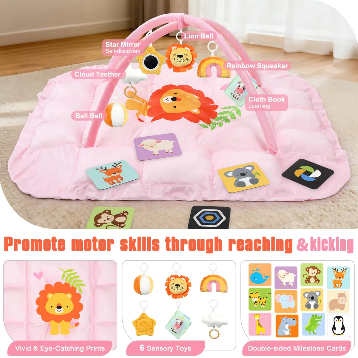 5-in-1 Bauchzeitmatte Baby Activity Gym mit Cartoon-Muster, extra dicke Plüsch-Spielbodenmatte, mit hängenden Spielzeugen, sensorischer Entwicklungs-Fitness-Studio & schönes Geschenk für Neugeborene