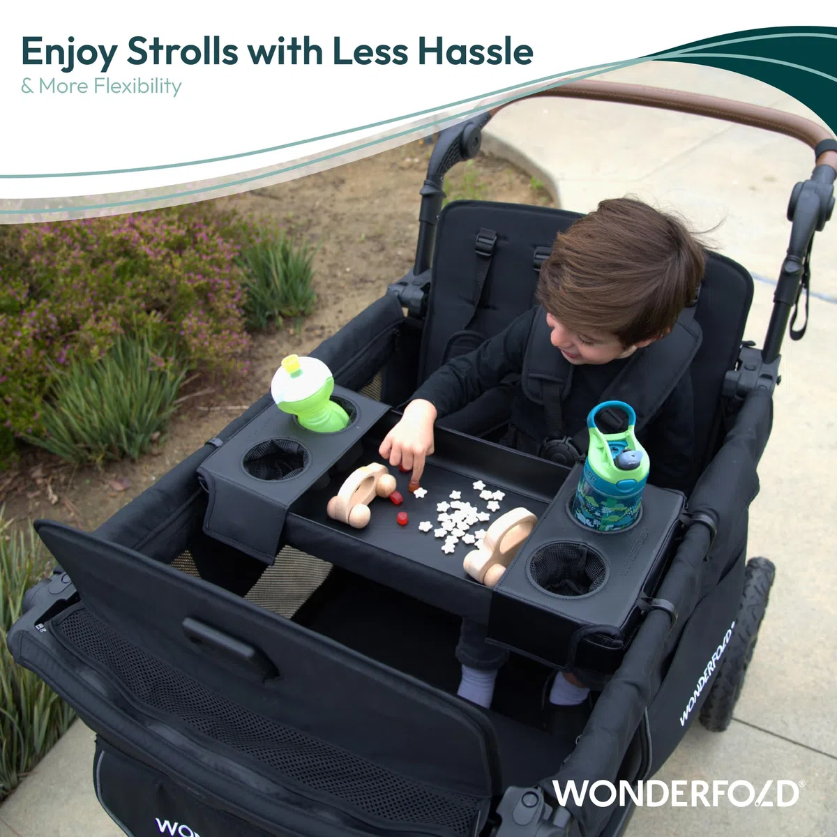 WONDERFOLD Flex Snack-Tablett für L2 Kinderwagen mit umwandelbaren Becherhaltern und verstellbaren Seitenwänden zur Maximierung des Platzes, einfach zu installieren, leicht zu reinigen