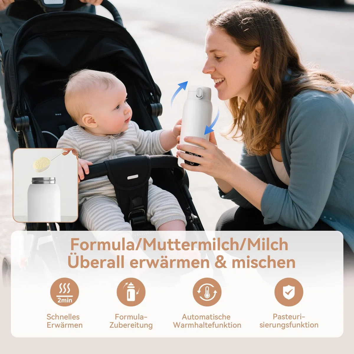 Tragbarer Flaschenwärmer Baby Unterwegs, 3 min Schnellheizung für Muttermilch und Wasser, 500ml Kapazität mit Pasteurisierung und präziser Temperatursteuerung, 11000mAh Akku
