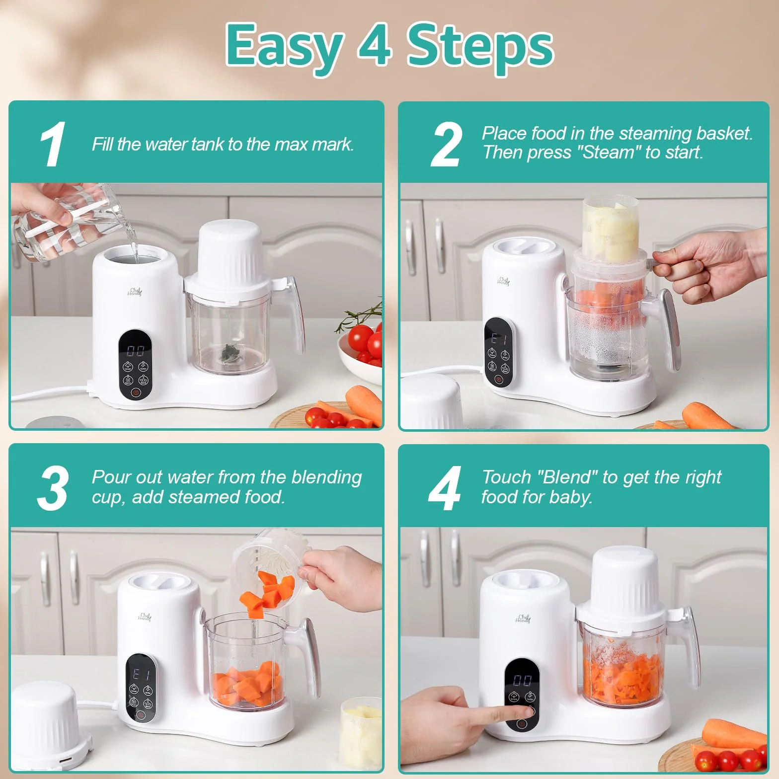 Babynahrungszubereiter,Babynahrungsprozessor,Multifunktionaler Babybrei Zubereiter,Baby Food Maker mit Dampfgarer,Mixer und Flaschenwärmer,zur schnellen und gesunden Baby Nahrungszubereitung