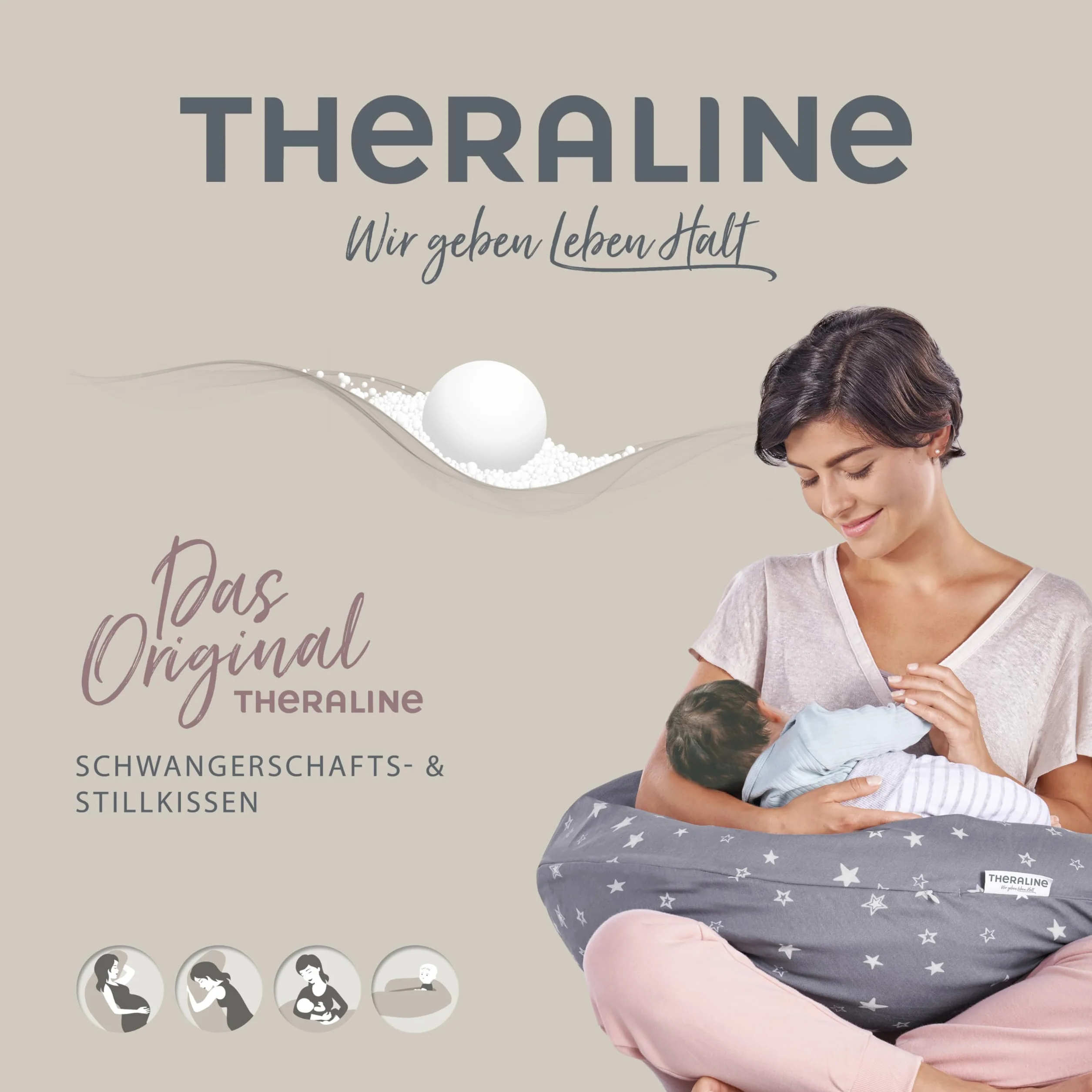 Theraline Das Original Schwangerschaftskissen & Stillkissen 190cm – Seitenschläferkissen Stillkissen Perlen – inkl Stillkissenbezug Cappuccino