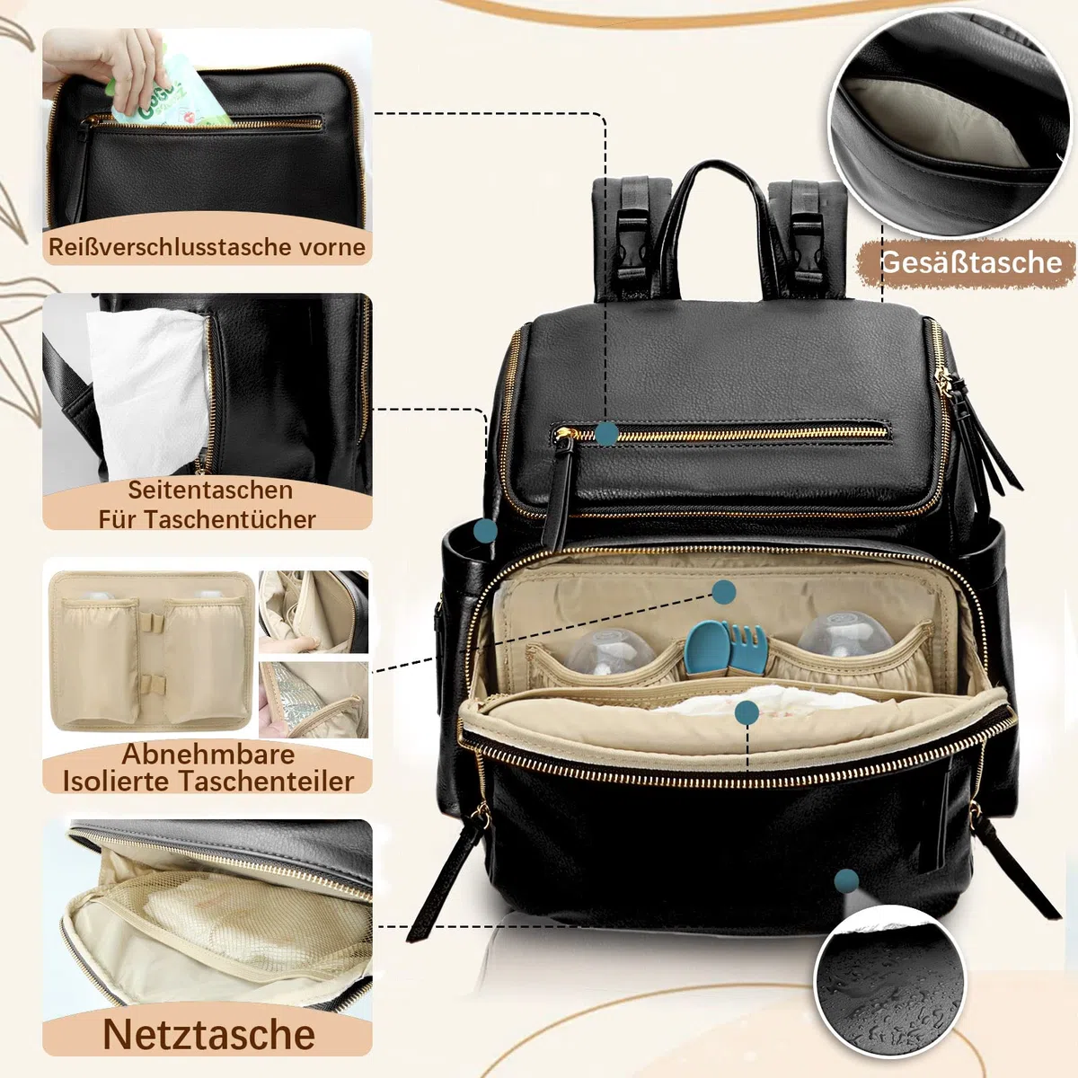 MISS FONG Baby Wickelrucksack Wickeltasche, Leder Wickelrucksack Groß Babytaschen Rucksack Lässig mit Multifunktions, 19 Wickeltasche Organizer, Wickelunterlage, Wickeltasch Kinderwagen Haken-Schwarz