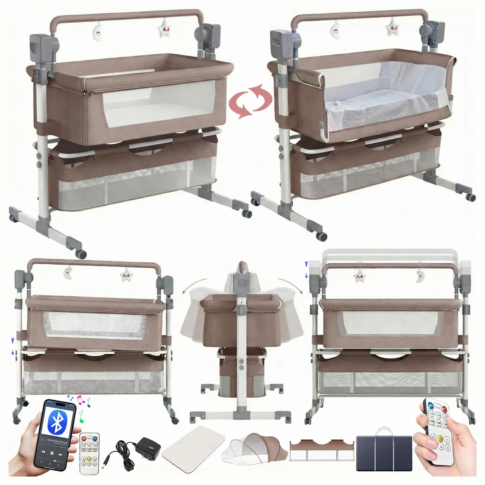 Magic ZC Elektrische Bluetooth Intelligent Beistellbett Baby mit Rollen, Faltbar Co-Sleeping Babybett, Convertible Stubenwagen Wiege mit Fernbedienung, Musik, 5-schwankende Zahnräder (601 Khaki)