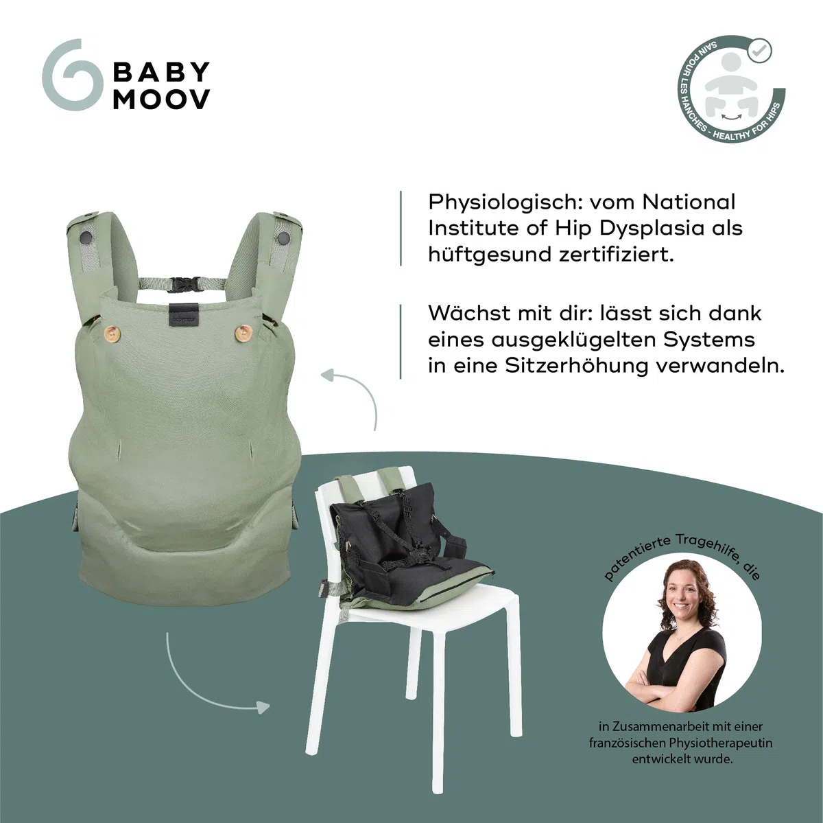 Babymoov Babytrage Moov & Boost Sage green - ergonomisch, für Babys und Kleinkinder, bis 20 kg