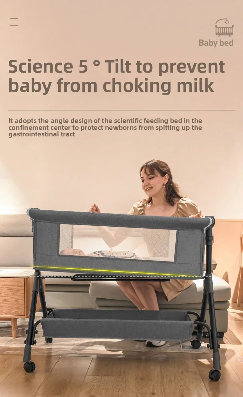 Beistellbett Baby mit Rollen, Faltbar Co-Sleeping Babybett, Convertible Stubenwagen Baby Kleinkind Wiege (X3 Khaki)