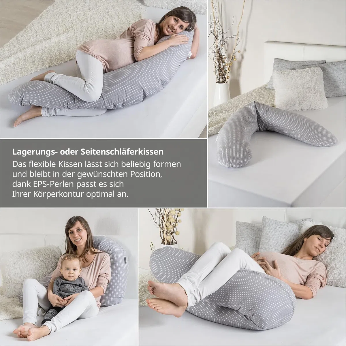 Theraline Stillkissen & Schwangerschaftskissen Dodo Pillow Premium - 180 cm inkl. Bezug aus Baumwolle - Leise und feine Perlen, schadstoffgeprüft, maschinenwaschbar - Punkte Grau