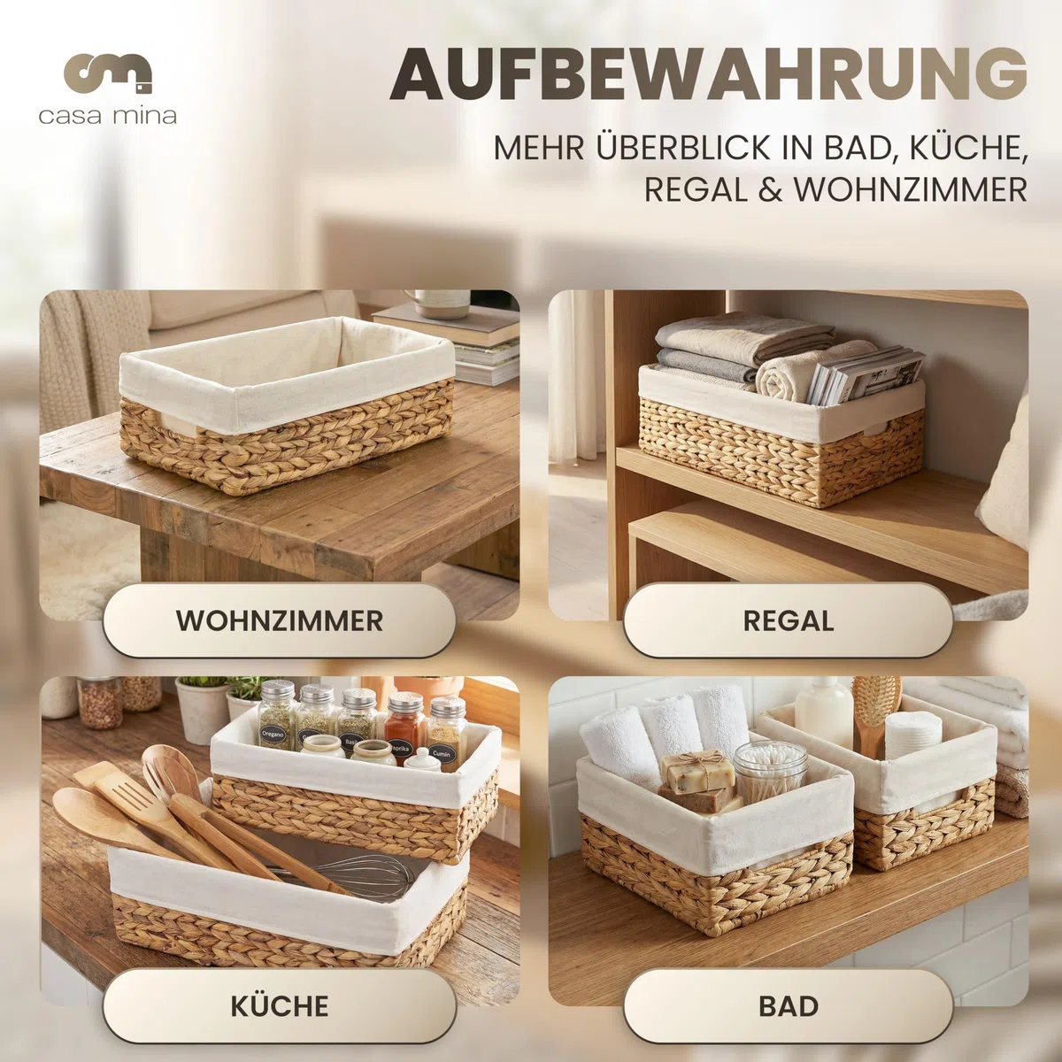 Casa Mina Korb Aufbewahrung L44xW30xH16cm 100% natürlich aus Wasserhyazinthe I Dekorative Körbe Aufbewahrung für jeden Raum I Aufbewahrungskorb mit robustem Metallgestell