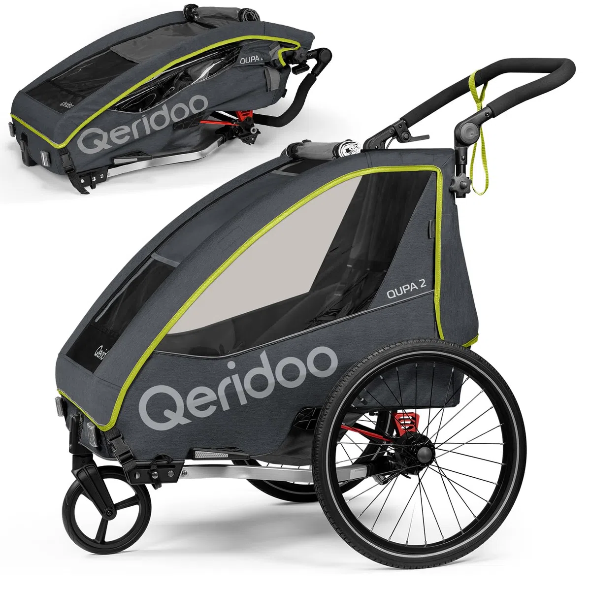 Qeridoo QUPA 2 | Fahrradanhänger 2 Kinder | Kinder Fahrradanhänger mit Blattfederung & Handparkbremse | Jogger Kinderwagen | Kinderfahrradanhänger klappbar | Fahrrad Anhänger