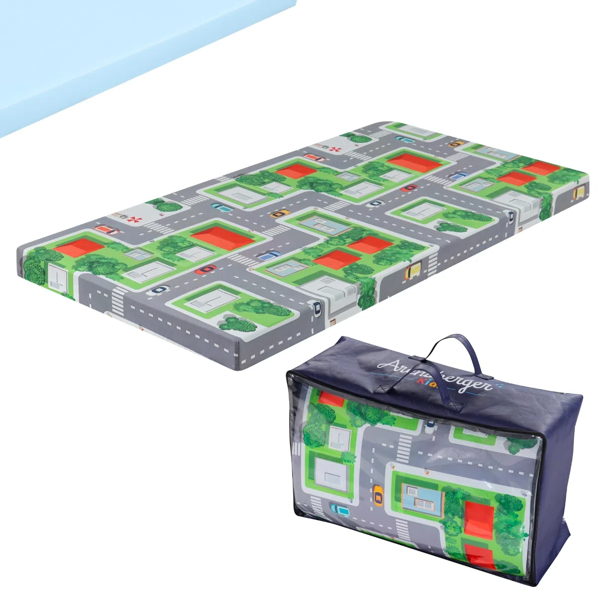 Arensberger Reisebett Matratze für Kinderbetten, Kinderreisebett 60x120 cm, 6cm Hoch, faltbar klappbar, Gelschaum, waschbarer Bezug, Tragetasche, Babybettmatratze, Babymatratze Kindermatratze, Öko-Tex