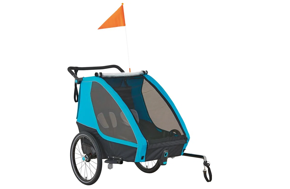 Prophete Kinder-Fahrradanhänger 20", für 1 oder 2 Kinder, zulässiges Gesamtgewicht 60 kg, inkl. vollschwenkbarem Vorderrad, inkl. Joggerrad, Farbe blau/schwarz