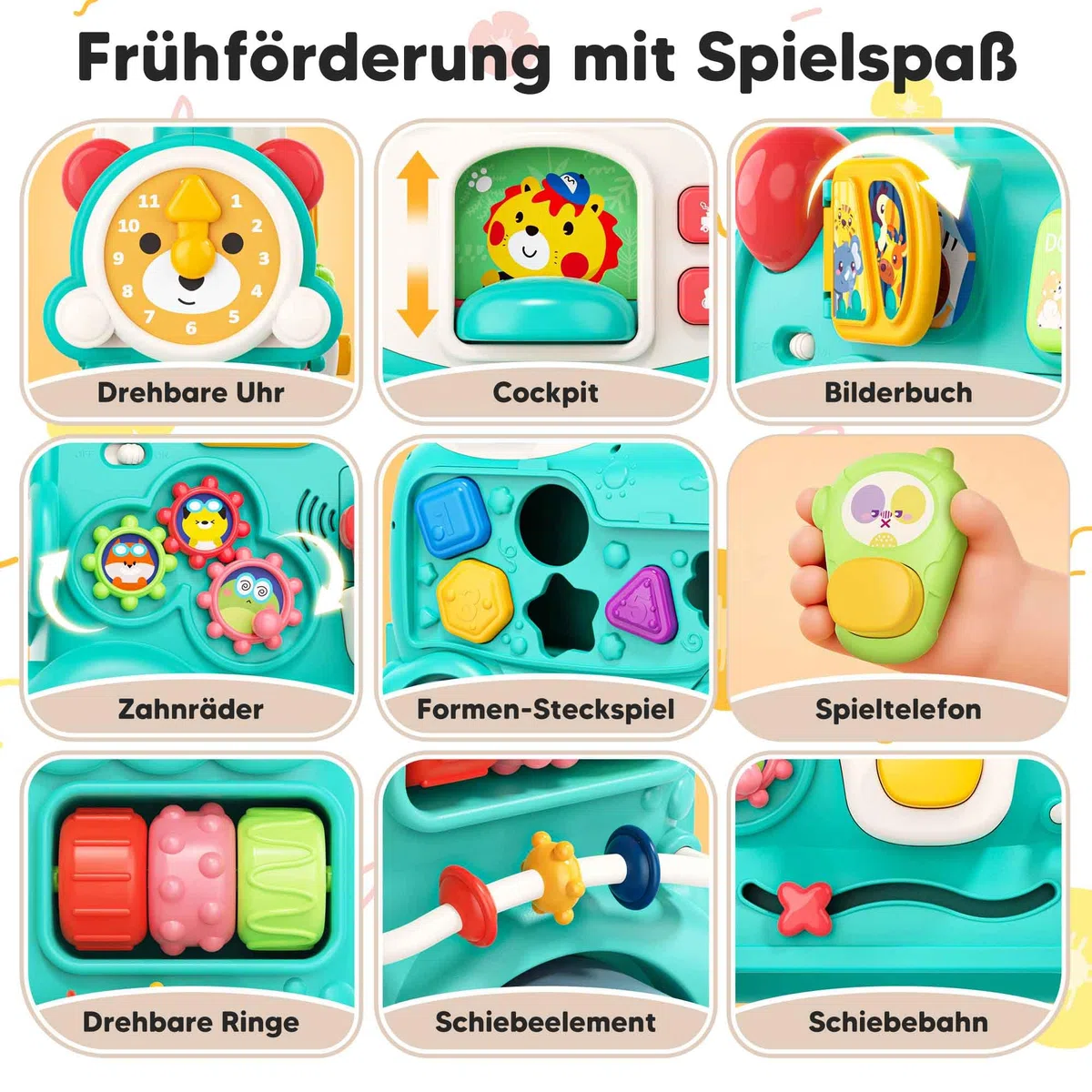 5in1 multifunktionaler Lauflernwagen ab 6 Monaten, Baby Walker Zug mit Aktivitätszentrum, Musik und Sprühfunktion, interaktive Lauflernhilfe, Schiebespielzeug, Motorik- und Lernspielzeug