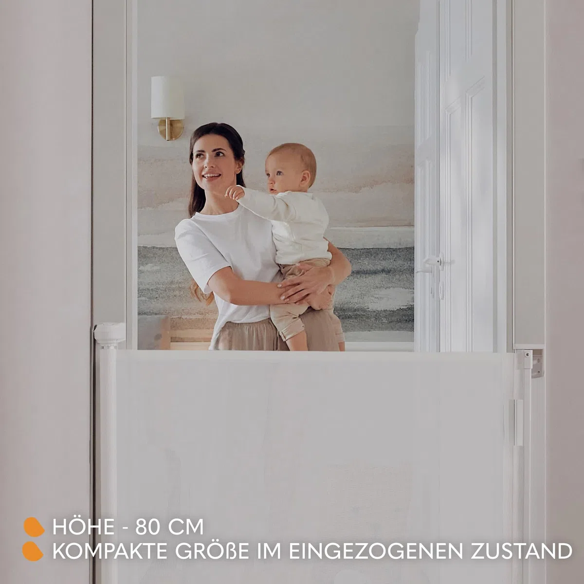 Lionelo Thea Treppenschutzgitter Ausziehbar für Babys, Hunde bis 140 cm | Türschutzgitter Kindertreppenschutzgitter Schutzgitter ohne Schwelle Doppelverriegelung UV-Schutz, 3 Montagesets Stabi