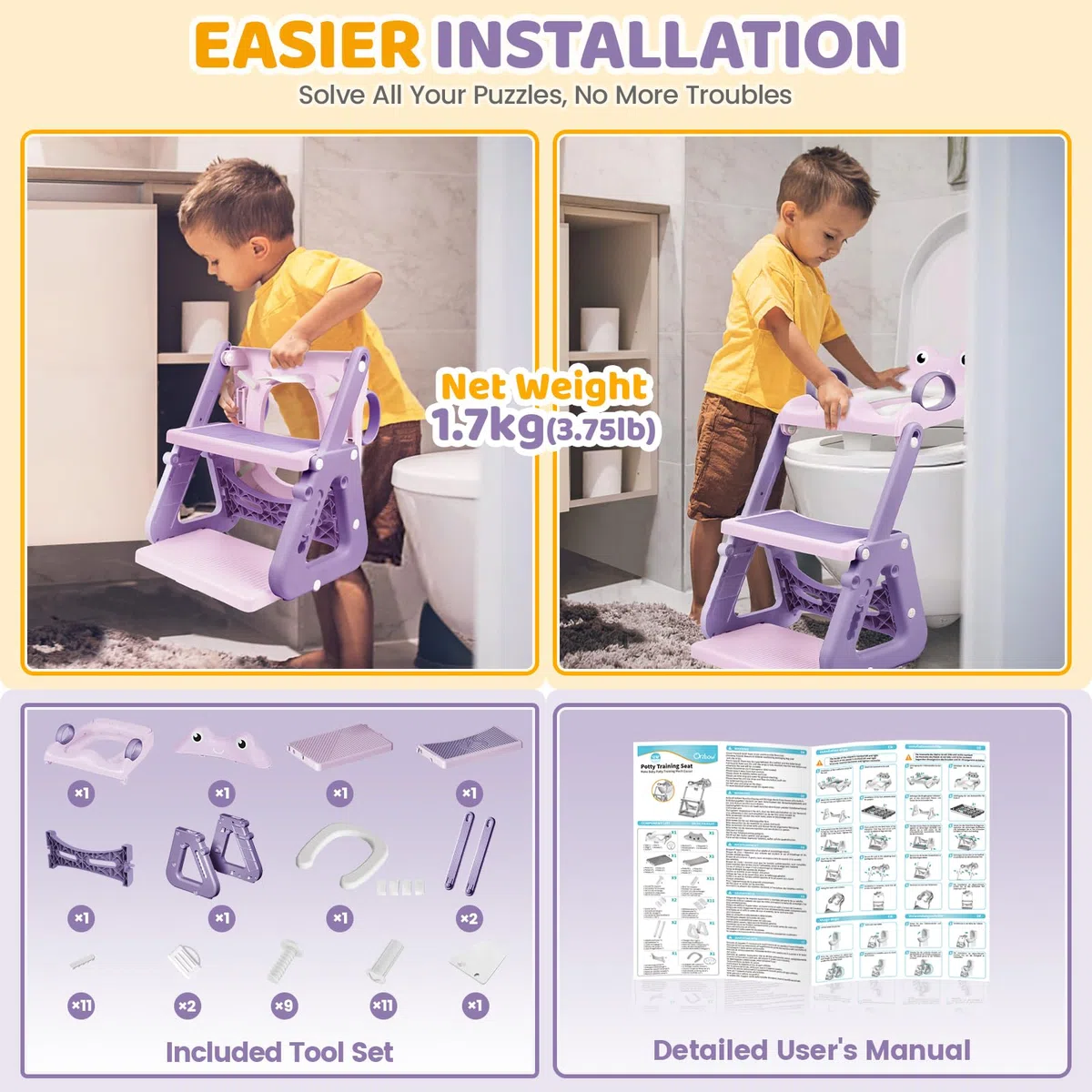 Orzbow Toilettensitz Kinder, Stabil Kinder Toilettensitz mit Treppe und Dreiecksstruktur, Verlängerter Pedal- und Spritzschutz und PVC-Polster, Rutschfest und Faltbar, Frosch, Violett-Rosa