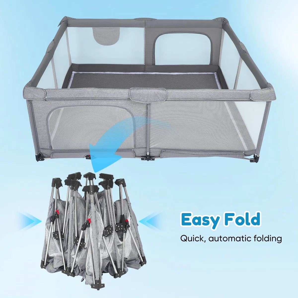 Faltbarer Laufstall Baby 180x150cm, 2 Seiteneingänge, Netz, weiche Kanten | Ohne Montage Nutzbar,Indoor & Outdoor Laufgitter & -Ställe mit Atmungsaktivem Netz & Pull-up Rings