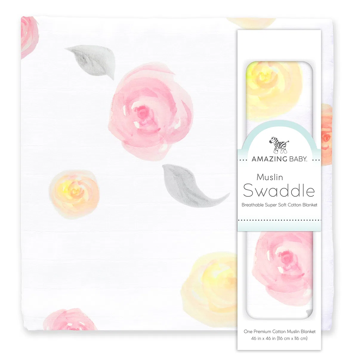 Amazing Baby von SwaddleDesigns, Tolles Pucktuch aus Baumwoll-Musselin, Wasserfarbenen Rosen, Rosa, 116 x 116 cm
