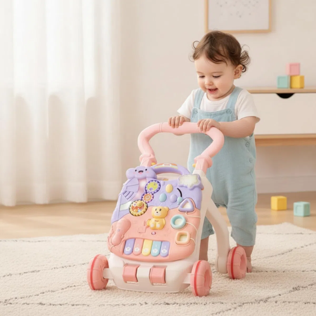 kindlauflernwagen mit Spielbrett aktiv aktivitäts-lauflernhilfe multifunktional lauflernwagen für babys, zimmer, wohnbereich, Blue Basic Battery